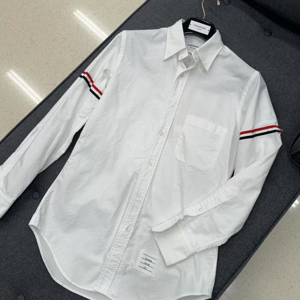 Thom Browne OXFORD ARMBANDS CLASSIC ROUND COLLAR SHIRT Size 2